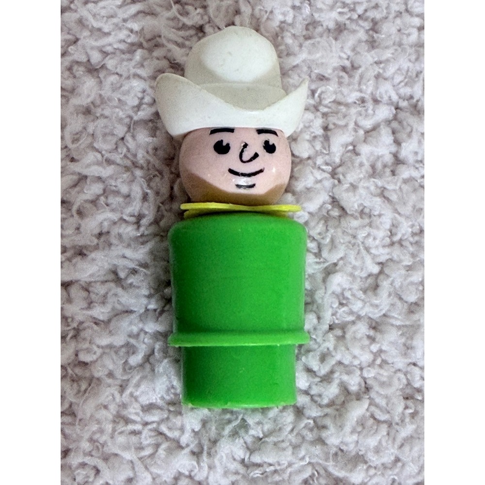 Vintage Fisher-Price Little People Cowboy Wood Head Green Body White Hat Figure